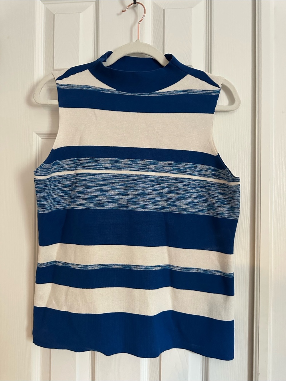 Nine West Blue and White Striped Sleeveless Mock Neck Tank